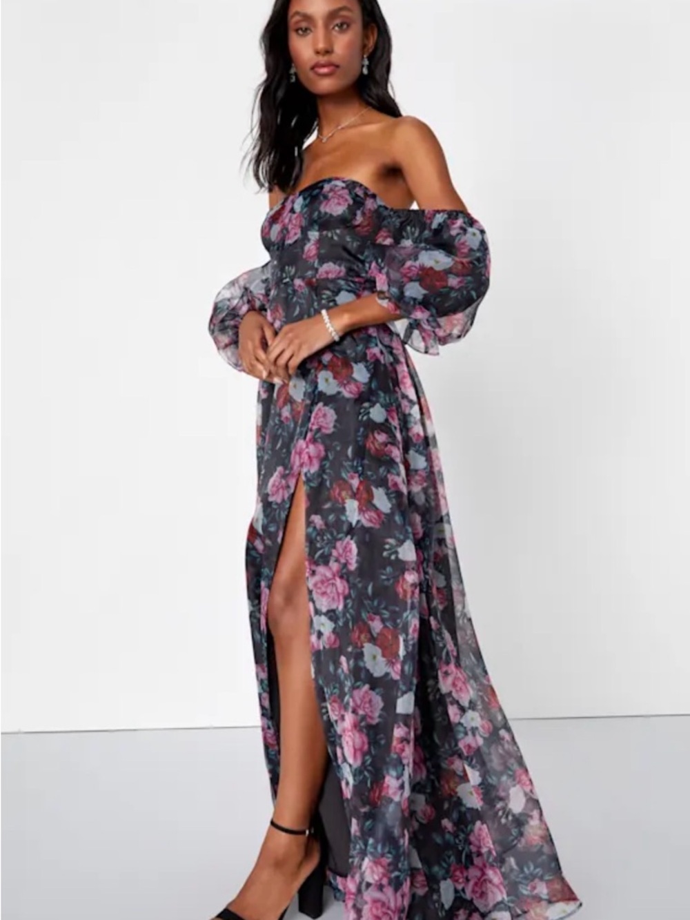 Lulus True Excellence Black Floral Bustier Off-The-Shoulder Gown - Picture 3 of 6